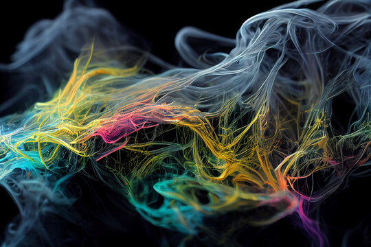 Abstract illustration, background image. Multicolored liquid, smoke, splashes, abstract grass, 