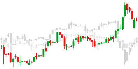Obraz premium Three red green and grey Japanese candlestick graph charts on white background. Market investment. Forex trading, stock exchange and crypto price technical analysis vector illustration. Traders tool