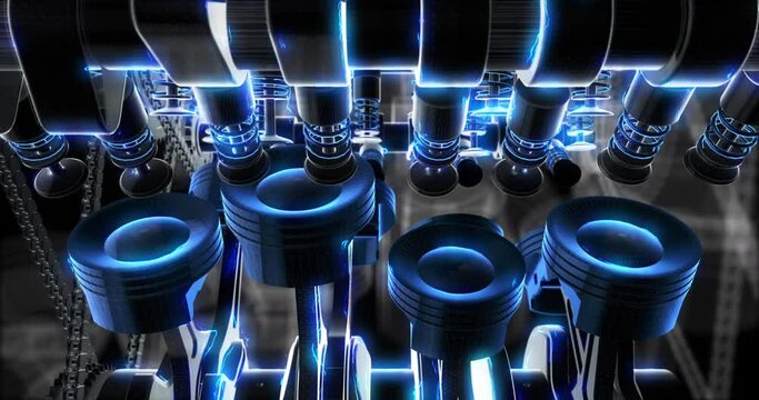 Shiny chrome V8 engine working and generating power in slow motion. Industry related 4k animation.