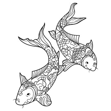 Koi carp fish coloring book for adults PNG illustration with transparent background