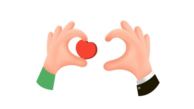 Animation. Stylized cartoon hands hold the heart. Icon, my love. Element for design, Valentine's Day