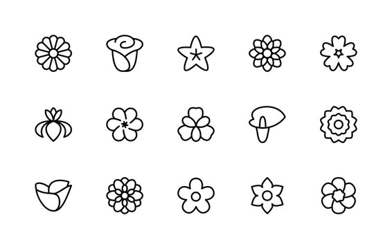 Vector set linear icons of flowers. Isolated collection of flowers on white background. Flowers symbol vector set.