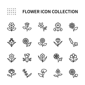 Flowers vector line icons set. Isolated collection of flowers on white background. Flowers symbol vector set.