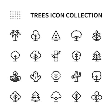 Trees vector linear icons set. Isolated collection of tree icon on white background. Wood symbol vector set.