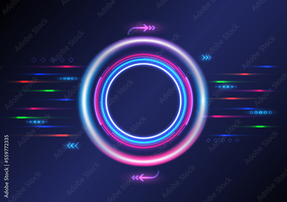 Poster hi-tech background light circles and tech circles multicolored glowing lines with a bright element h