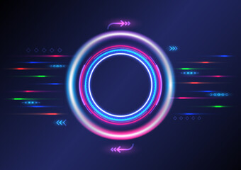 Hi-tech background light circles and tech circles multicolored glowing lines with a bright element having an empty space in the center of the circle on a blue gradient background