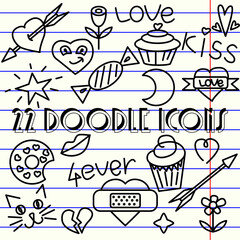 22 doodle icons for creating illustrations, banners, postcards. 22 doodles on the topic of love, emotions, Valentine's Day