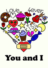 Funny postcard for Valentine's Day, with colored hearts, stars, sweets and other symbols of love