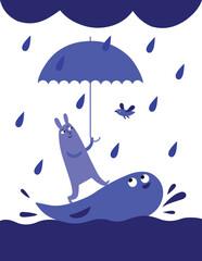 Naklejka premium Blue rabbit holding umbrella standing in water on the back of a huge fish - vector version. 