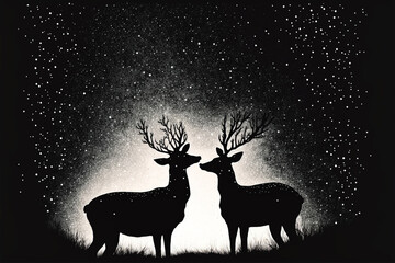 Silhouette of deer under the starry sky