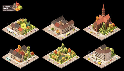 Vector isometric world map creation set. Combinable map elements. Town or city center map. Old town buildings and streets - 559773539