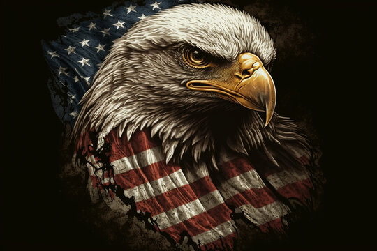 Generative Ai image of an American eagle and the flag of USA