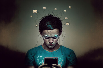 Children addicted to phone and gadgets.  - obrazy, fototapety, plakaty