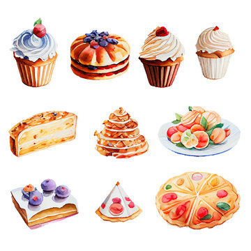 Set of bakery with sweets watercolor painting on transparent background, PNG file. Generative AI