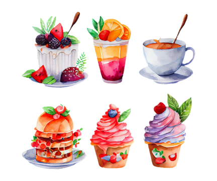 Set of bakery with sweets watercolor painting on transparent background, PNG file. Generative AI