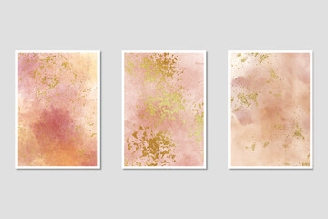 Light watercolor, alcohol ink with gold details background collection. Abstract hand-painted watercolor wet wash splash 5x7 Luxury wedding  invitation card and Vip background template collection