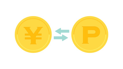 双方向の矢印と円とポイントの記号･¥とPが入ったお金とコイン - ポイ活･換金･還元のイメージ
 - obrazy, fototapety, plakaty
