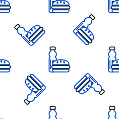 Line Bottle of water and burger icon isolated seamless pattern on white background. Soda aqua drink sign. Hamburger, cheeseburger sandwich. Fast food menu. Colorful outline concept. Vector