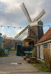 Historical dutch windpowered sawmill De Otter from 1631, located in Amsterdam and listed as a national heritage site of the Netherlands