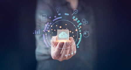 Cloud computing business communication technology. Concept global network storage, digital information networking server, wireless connect database symbol, media software mobility, internet access.
