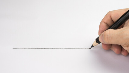 Writing pencil line and end point on white paper background.
