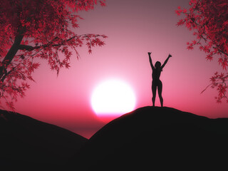 3d landscape with female with arms raised against a sunset sky