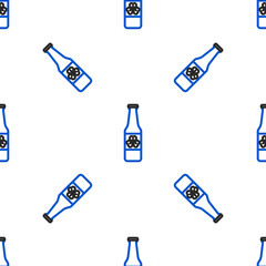 Line Beer bottle with four leaf clover icon isolated seamless pattern on white background. Happy Saint Patricks day. Colorful outline concept. Vector