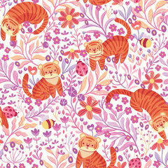 Cute vector seamless pattern with tiger and floral elements. Cartoon beautiful background.