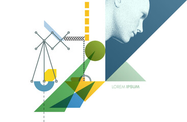 Art composition. Abstract transparency geometrical background. Digital human head constructing from cubes. Cover design template for presentation, banner, flyer, poster or brochure. 3D vector.