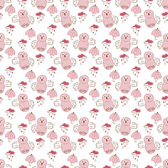 Owl pattern1. Seamless pattern with cute owl character, cloud and umbrella. Cartoon color vector illustration.