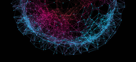 Scientific illustration with connected lines and dots. Luminous microscopic forms. Glowing grid. Connection structure. Wireframe vector illustration.