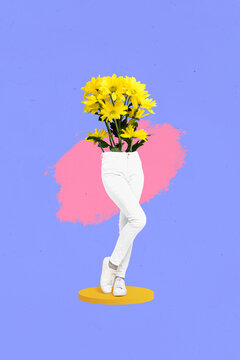 Creative photo 3d collage artwork poster picture of weird girl body without head fresh yellow daisy isolated on painting background