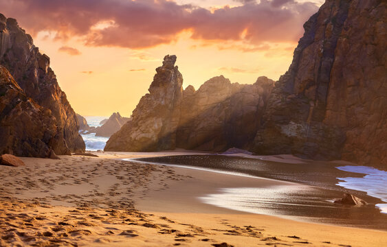 Lisbon, Sintra, Portugal. Sand beach among rocks on evening sunset. Ursa near Cape Roca (Cabo da at Atlantic Ocean coast. Summer sea landscape