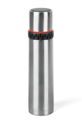 Metal thermos close-up, isolated on a white background. Thermos bottle metal on white background isolation. 