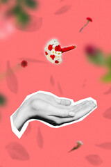 Vertical collage image of lack white effect arms palms catch falling mini flowers bouquet isolated on drawing background