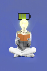 Creative photo 3d collage artwork poster picture of clever person open book enjoy reading hobby time isolated on painting background