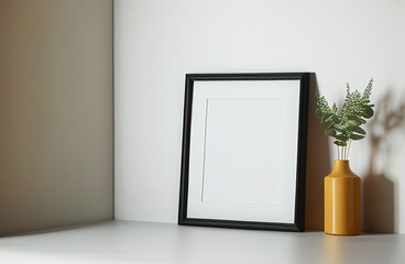 Black rectangle vertical frame with passepartout  mockup and yellow vase with plants. AI Generated