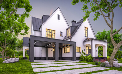 3d rendering of cute cozy white and black modern Tudor style house with parking  and pool for sale or rent with beautiful landscaping. Fairy roofs. Clear summer evening with cozy light from window