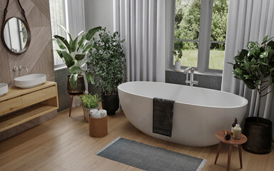 Modern bathroom interior with wooden decor in eco style. 3D Render	