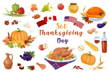 Thanksgiving day celebration 3d realistic set. Bundle of turkey, dishes, vegetables, fruits, pie, pumpkin, apple, autumn, corn, USA and Canada flags and other isolated elements.