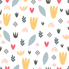 seamless pattern with cartoon plants, twig, decor elements . Colorful vector flat style for kids. hand drawing. baby design for fabric, print, wrapper, textile