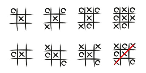 Set of TIC - TAC - TOE game. Hand drawn cross and circle flat illustration. - obrazy, fototapety, plakaty