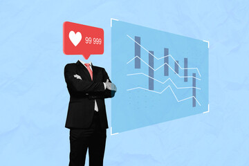Composite photo collage of young entrepreneur headless business owner like addicted professional youtube blog stats chart isolated on blue background
