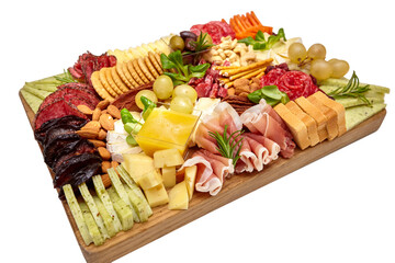 Appetizers table with different antipasti, charcuterie, snacks and cheese. Buffet party. Wooden cutting board isolated on a transparent background