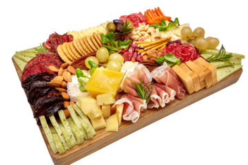 Appetizers table with different antipasti, charcuterie, snacks and cheese. Buffet party. Wooden cutting board isolated on a transparent background