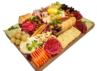 Appetizers table with different antipasti, charcuterie, snacks and cheese. Buffet party. Wooden...