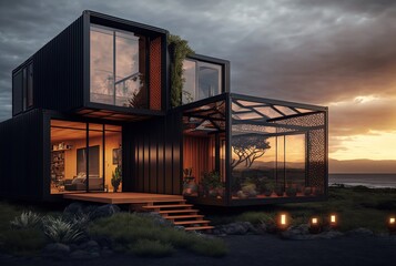 Fototapeta premium illustration concept of sustainability and recycle , container box remake as restaurant, office or house, modern and Contemporary design with nature landscape background, seascape