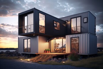 illustration concept of sustainability and recycle , container box remake as restaurant, office or house, modern and Contemporary design with nature landscape background, seascape