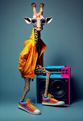 Fototapeta Generative AI illustration of anthropomorphic giraffe in fashionable clothes and glasses standing against retro vinyl record player on blue background and looking at camera obraz
