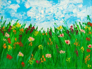 No drill roller blinds Green Blooming wildflowers meadow, oil painting.
